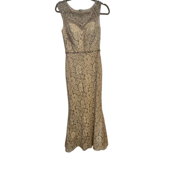 Cameron Blake Beige Neutral Full Length Lace Gown With Beaded Detail Women's 4 - Picture 10 of 13